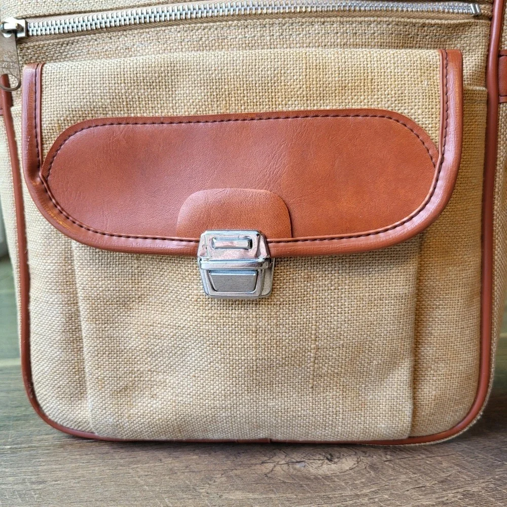 Samsonite Vintage Tan Canvas Crossbody Messenger Bag Brown Trim Travel Pouch